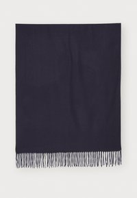 Foulard blu navy realizzato in tessuto morbido, con una texture liscia e frange decorative lungo il bordo inferiore.