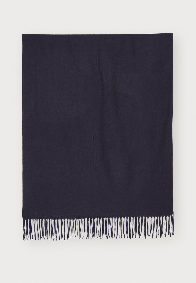 Foulard blu navy realizzato in tessuto morbido, con una texture liscia e frange decorative lungo il bordo inferiore.