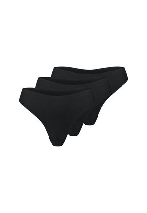 Drei schlichte schwarze Damen-Unterhosen im Bikini-Stil mit hohem Beinausschnitt, übereinandergelegt, auf weißem Hintergrund dargestellt.