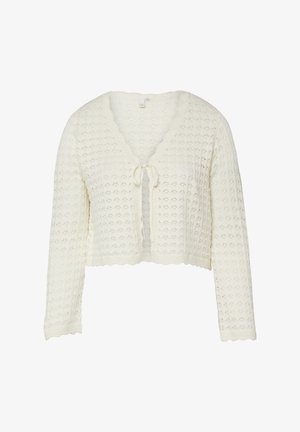 Cremefarbener, gestrickter, langärmeliger, kurz geschnittener Cardigan mit wellenförmigen Kanten und vorderer Bindung.