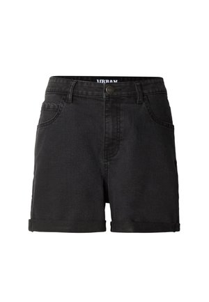 Sorte denimshorts med optrukne manchetter, forreste knap og lynlås, bæltestropper og forlommer.