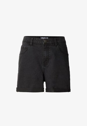 Sorte denimshorts med optrukne manchetter, forreste knap og lynlås, bæltestropper og forlommer.