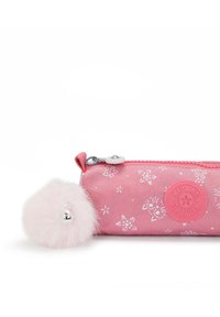Pink pencil case with floral patterns, zip closure, soft pom-pom accent, and raised logo badge. Smooth, durable fabric material.