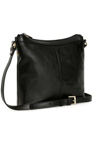Borsa a tracolla nera in pelle con una texture liscia, chiusura con zip e tracolla regolabile con una fibbia in metallo dorato.