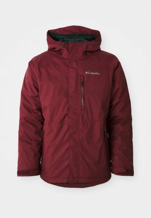 Maroon Columbia jacket with a hood, zippered front, and chest pocket. Features elastic cuffs and a smooth, water-resistant fabric.