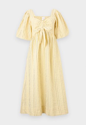 Yellow dress made of textured fabric with vertical blue stripes. It features a square neckline, puff sleeves, and a tied waist detail.