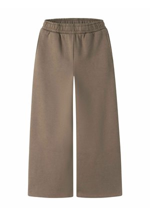 Pantalon marron droit avec ceinture élastique et poches latérales, étalé à plat sur un fond uni.