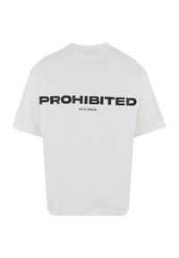 White cotton t-shirt with a relaxed fit, featuring bold black text "PROHIBITED" and "10119, BERLIN" centered on the front.