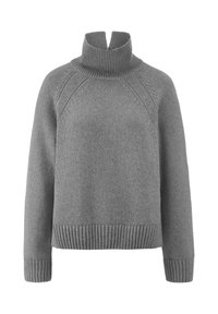 Grau gestrickter Pullover mit hohem Rippkragen und Raglanärmeln. Verfügt über ein strukturiertes Strickmuster und einen gerippten Saum, der eine lockere Passform bietet.