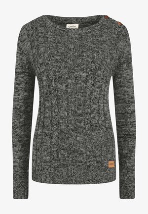 Pelēks adīts džemperis ar virvju rakstu, apaļu kakla izgriezumu, garām piedurknēm un mazu logo birku apakšējā kreisajā stūrī. Pogas akcenti uz pleca.