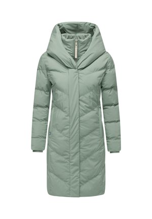Light green puffer coat with a wide hood, vertical and chevron quilting, front zip closure, and long sleeves with ribbed cuffs.