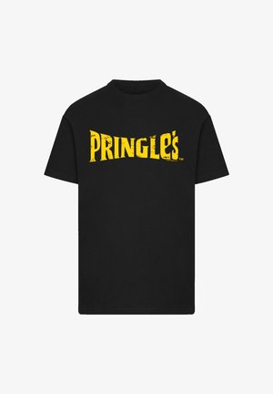 Black cotton t-shirt featuring a large, bold yellow graphic print of "Pringle's" across the chest. Crew neck design, short sleeves.