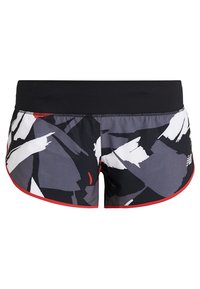 Black and gray athletic shorts with abstract white and red brushstroke patterns, a wide black waistband, and red trim along the edges.