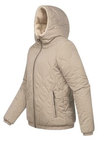 Beige vadderad jacka med huva och mjukt foder av päls. Har dragkedjefickor och elastiska ärmslut. Slät textur med en elegant design.