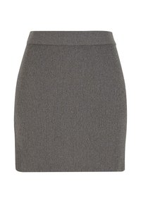Mini-jupe en tricot côtelé gris avec taille élastique, silhouette ajustée et ourlet droit.