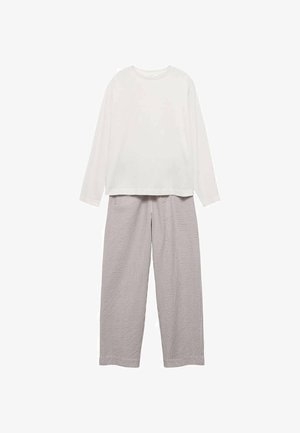 Weißes Langarmshirt mit Rundhalsausschnitt, kombiniert mit grau-weißen gestreiften weit geschnittenen Hosen, die über ein strukturiertes Stoffdesign verfügen.