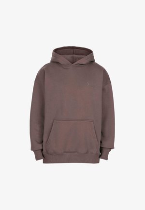 Hnědá oversized mikina s přední klokankou, žebrovanými manžetami a decentním embosovaným nápisem "Dropske" na hrudi.