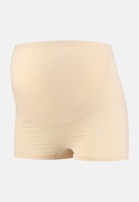 Shorts premaman beige con una texture elastica e liscia e una vita alta progettata per adattarsi a una pancia in crescita. Senza fantasie né dettagli.