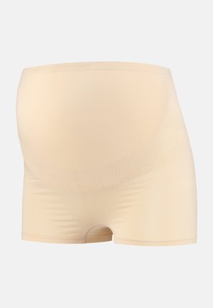 Beige těhotenské šortky s elastickou, hladkou texturou a vysokým pasem navrženým tak, aby se přizpůsobil rostoucímu břichu. Bez vzorů nebo akcentů.