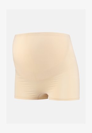 Beige zwangerschapsbroekjes met een rekbare, gladde textuur en een hoge tailleband, ontworpen om een groeiende buik te accommoderen. Geen patronen of accenten.