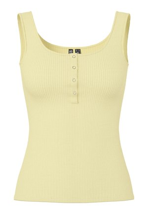 Maiou galben pal fără mâneci, cu nervuri, gât pătrat şi patru nasturi mici cu capse în faţă.