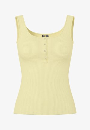 Maiou galben pal fără mâneci, cu nervuri, gât pătrat şi patru nasturi mici cu capse în faţă.