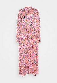 Lungo vestito floreale con fiori rosa, arancioni e viola, maniche lunghe, chiusura con bottoni davanti e scollatura alta.