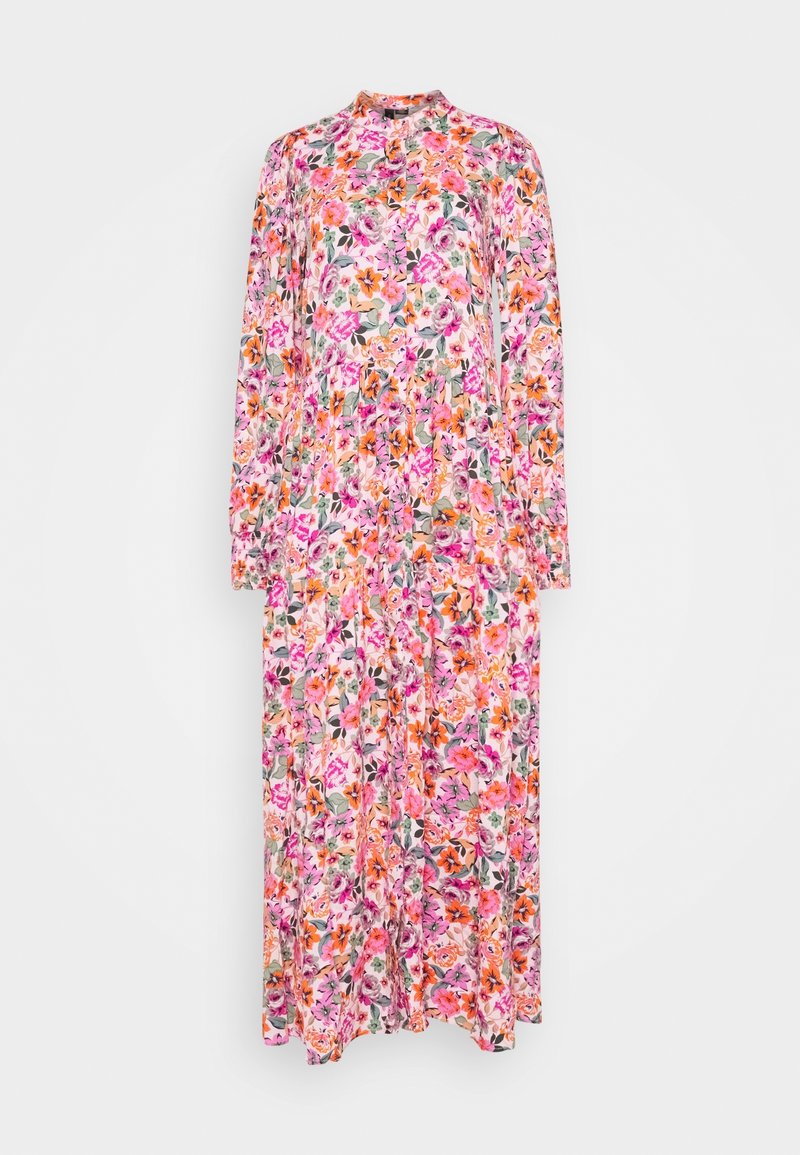 Lungo vestito floreale con fiori rosa, arancioni e viola, maniche lunghe, chiusura con bottoni davanti e scollatura alta.