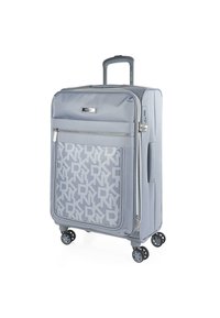 Maleta gris con un frente decorado, que incluye un bolsillo con cremallera, un mango retráctil y cuatro ruedas para facilitar la movilidad. Acabado de tela suave.