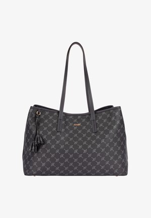 Schwarze Tote-Tasche mit doppelten Griffen, dezentem grauem Blumenmuster, Quasten-Detail und kleinem goldenem Logo in der Mitte vorne.