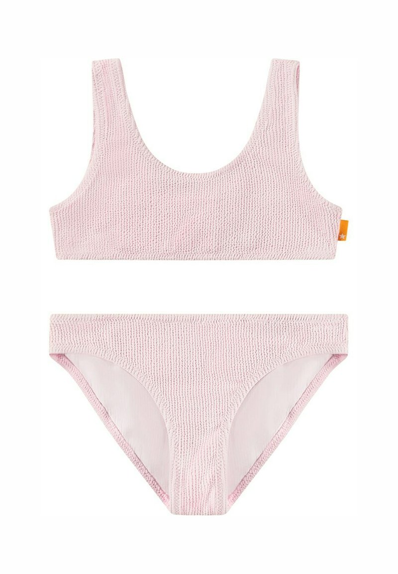 Vaaleanpunainen neulotusta langasta valmistettu bikinitsetti, jossa on avonainen bralette laajoilla olkaimilla ja matalavyötäröiset alushousut, molemmissa tekstuuri pinta.