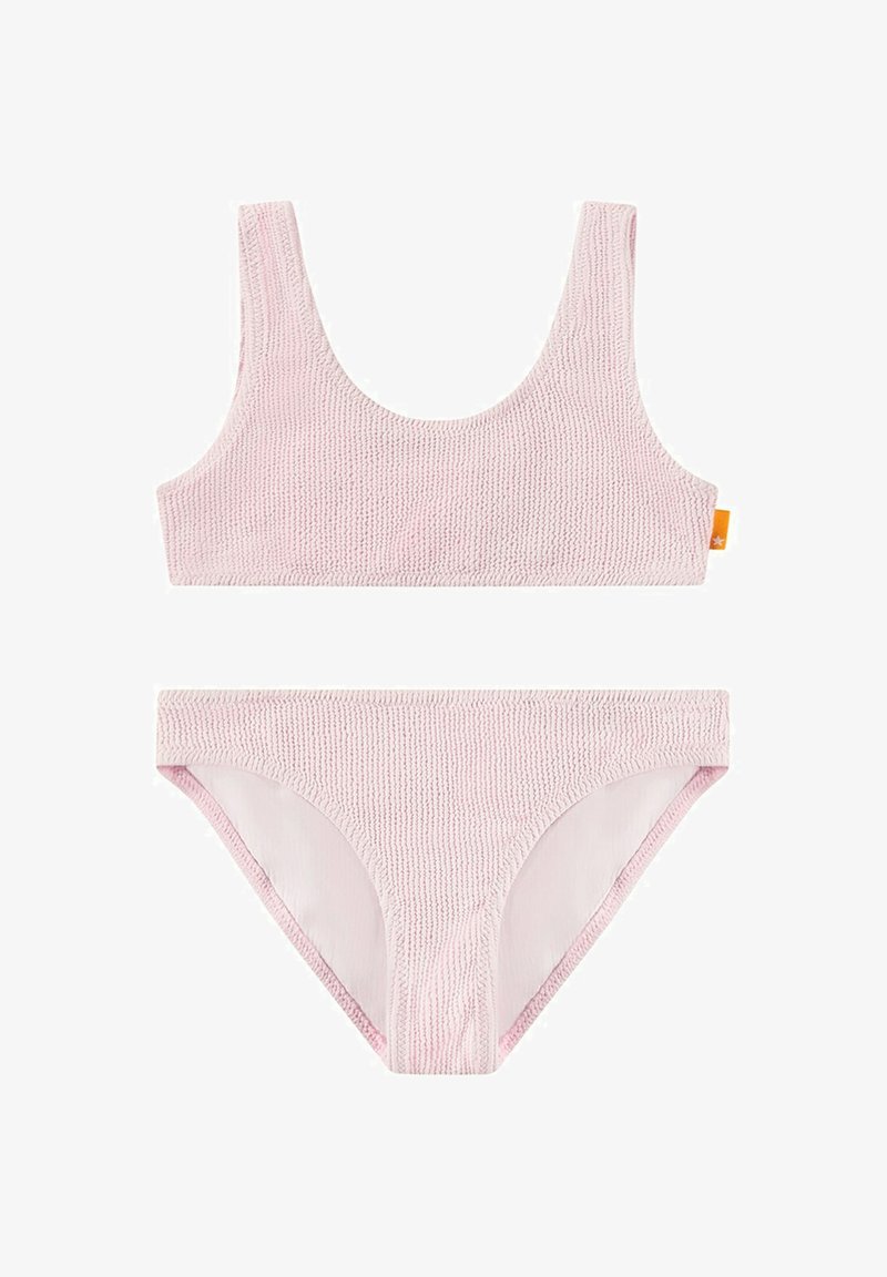 Rosa stickad bikiniuppsättning med en scoop-neck bralette med breda band och matchande lågt skurna bottnar, båda med en texturerad finish.
