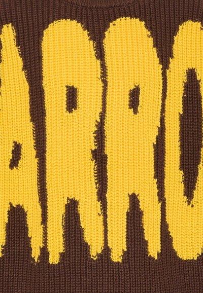 Lettere gialle lavorate a maglia su tessuto marrone che formano la parola parziale "ARROW" con un motivo a bordo testurizzato e leggermente sfilacciato.