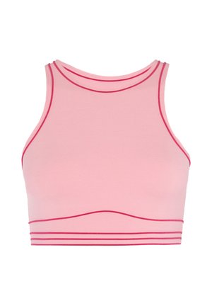 Rosa sport crop top med hög hals, kontrasterande röd kant och horisontella ränder vid fållen. Mjukt, elastiskt material.