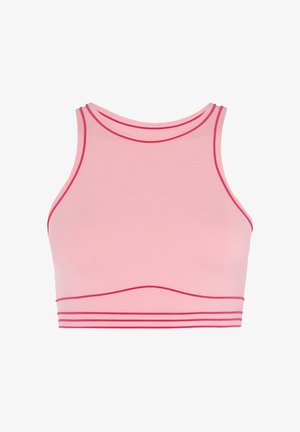 Top sportivo corto rosa con collo alto, rifiniture rosse a contrasto e dettagli a strisce orizzontali sull'orlo. Materiale liscio ed elastico.