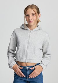 Hoodie corto grigio chiaro con maniche lunghe, chiusura frontale con zip e due tasche laterali. Materiale morbido e strutturato con cappuccio.