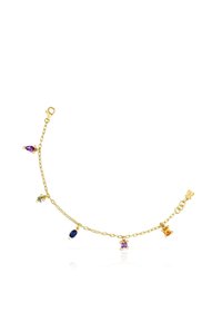 Bracciale in oro con varie gemme colorate: viola, blu, verde e arancione, dotato di chiusura a gancio e link delicati.