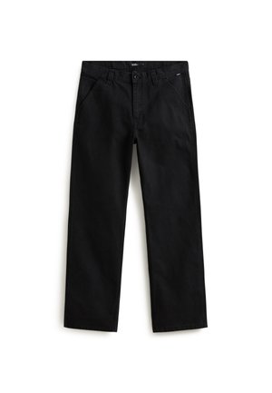 Černé denimové kalhoty se středním střihem, které mají přední kapsy, zapínání na knoflík a decentní značkovou nášivku na pase.