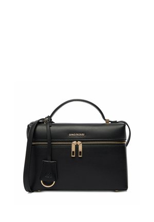 Černá kožená kabelka s horním uchem a ramenním popruhem, zlatý zip s dvojitými jezdcem a logo "GINO ROSSI" na přední straně.