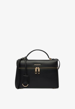 Černá kožená kabelka s horním uchem a ramenním popruhem, zlatý zip s dvojitými jezdcem a logo "GINO ROSSI" na přední straně.