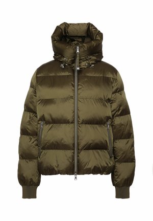 Olive green puffer jacket with a high collar, vertical quilted patterns, zippered pockets, and ribbed cuffs. Made from shiny, textured fabric.