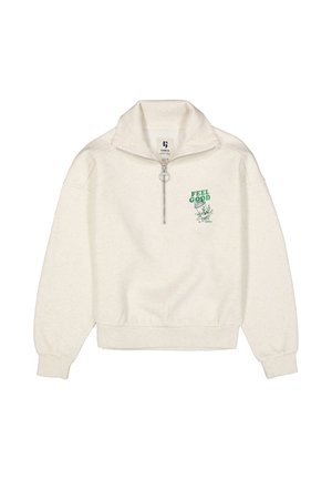Off-White Viertel-Zip Sweatshirt mit hohem Kragen, gerippten Bündchen und Saum sowie grünem "FEEL GOOD" Text mit floralem Design auf der linken Brust.