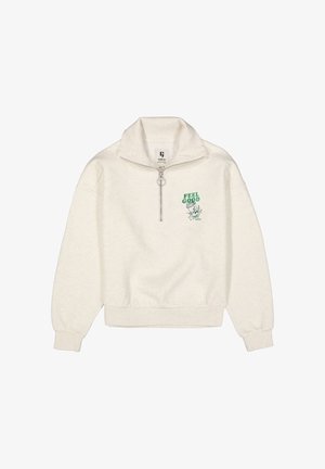 Off-White Viertel-Zip Sweatshirt mit hohem Kragen, gerippten Bündchen und Saum sowie grünem "FEEL GOOD" Text mit floralem Design auf der linken Brust.