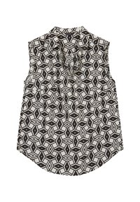 Blusa senza maniche con motivo geometrico in bianco e nero, dotata di colletto e apertura a V nel collo.
