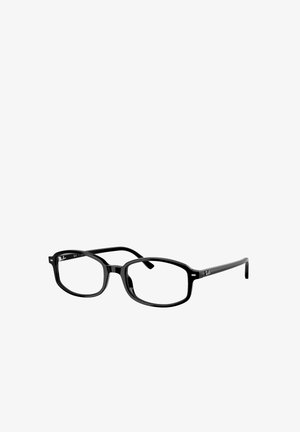 Occhiali da vista rettangolari neri con montature in plastica spessa, aste larghe e lenti trasparenti. Presentano un logo discreto sull'interno dell'asta.