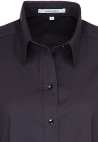 Camicia button-up di un elegante blu navy scuro con colletto ribattuto, dotata di bottoni neri e texture liscia, etichettata con "seidensticker" e taglia 36.