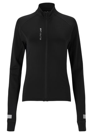Black athletic jacket made of smooth, stretch fabric. Features a standing collar, full zipper, and reflective accents on sleeves.