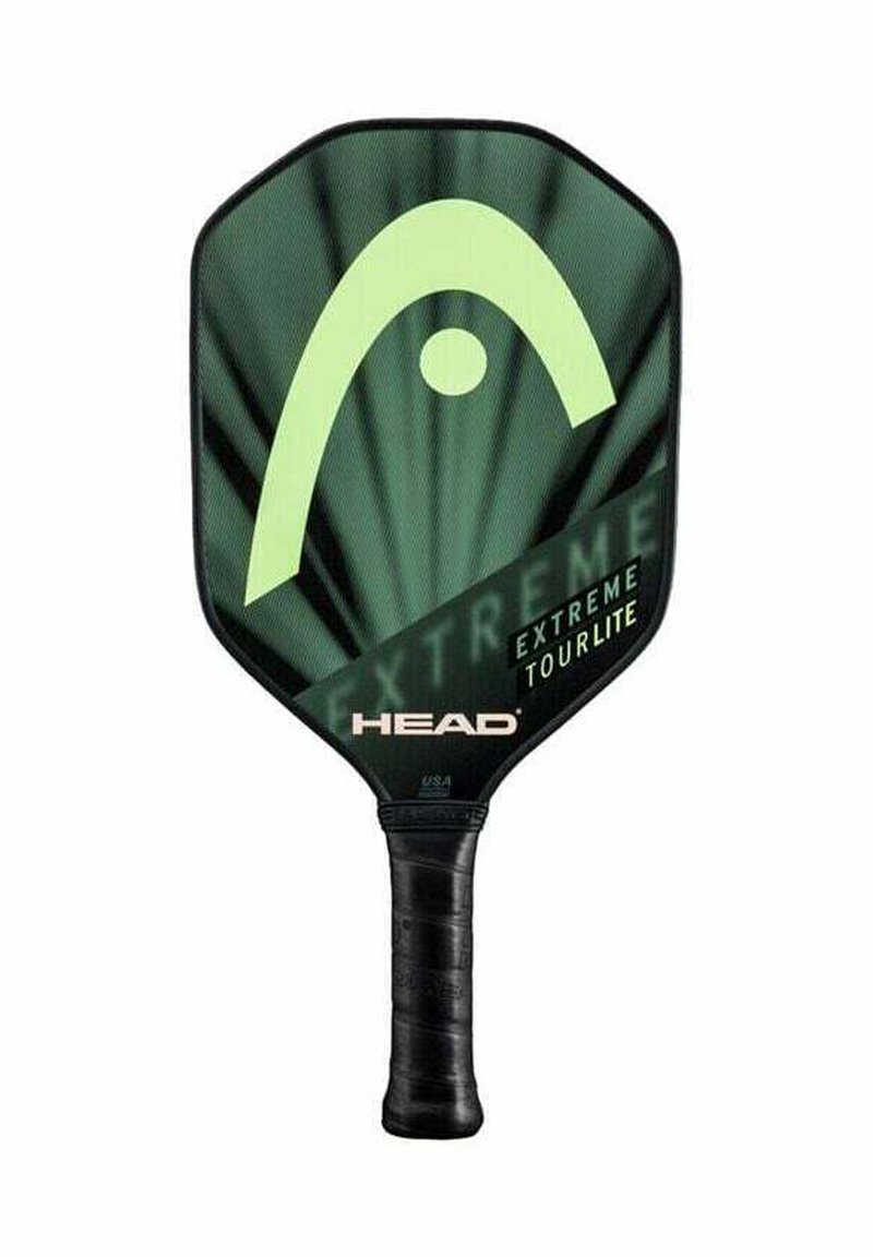 Grüner und schwarzer Pickleball-Paddle mit schwarzem Griff, ausgestattet mit großem, hellgrünem Logo und der Aufschrift "HEAD Extreme Tour Lite" auf der Vorderseite.