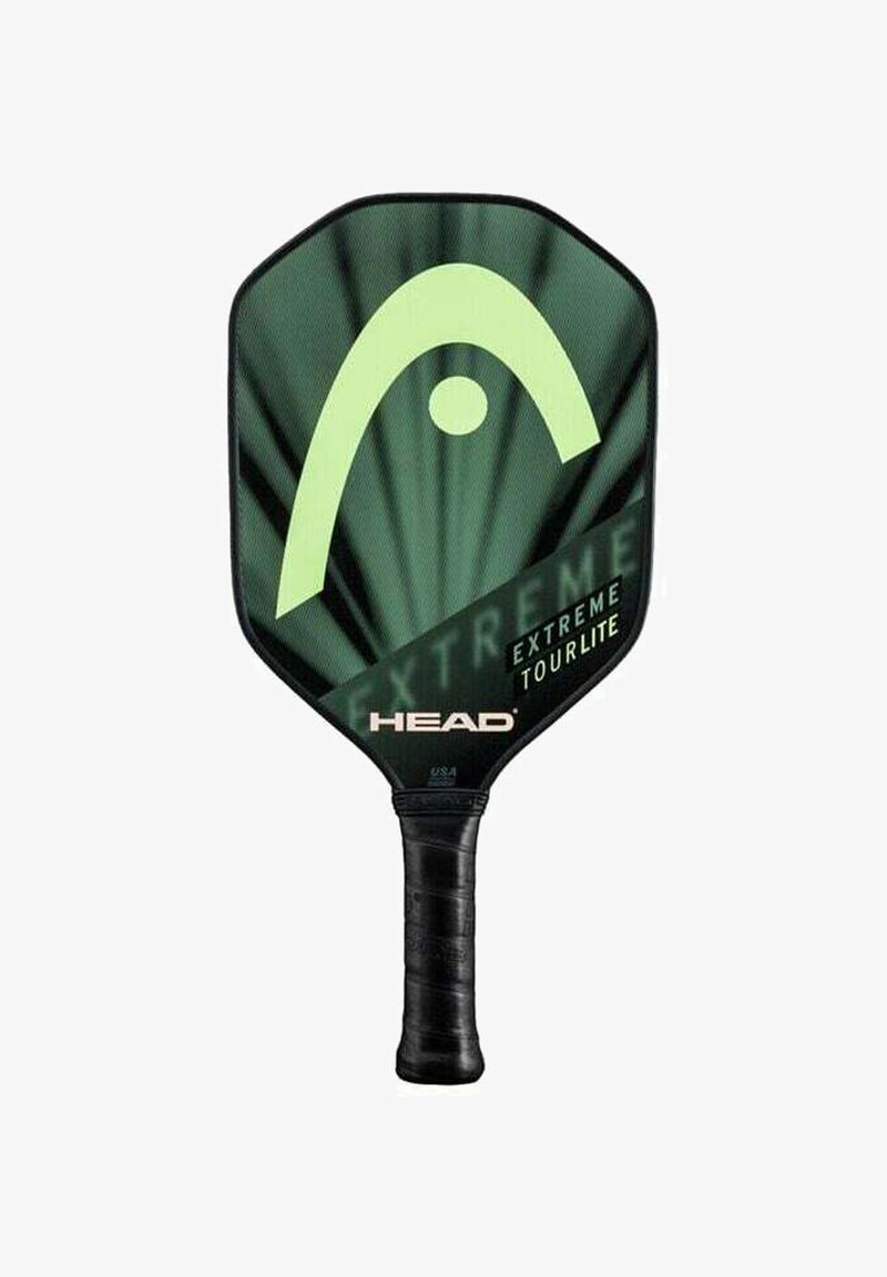 Paleta de pickleball verde y negra con empuñadura negra, que presenta un gran logo verde claro y la marca "HEAD Extreme Tour Lite" en la cara.