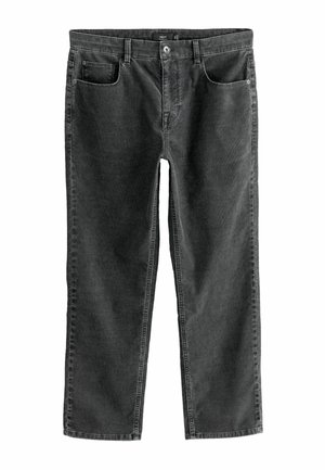 Black denim pants with a straight cut. Features include a zip fly, five pockets, and subtle texture. Stitched hem and waistband.